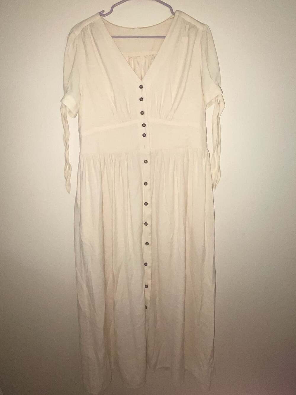 Ivory Button-Front Midi Dress with Puff Sleeves and Drawstring Cuffs